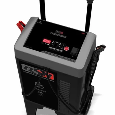 Schumacher Electric pro series 250 amp battery charger / engine starter with color-coded clamps, wheels and a pull handle.