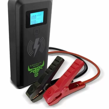 Schumacher Electric farm and ranch 2000 peak amp portable lithium-ion jump starter / power pack with color-coded clamps.