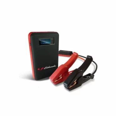 Schumacher Electric 600 peak amp jump starter with color-coded clamps.