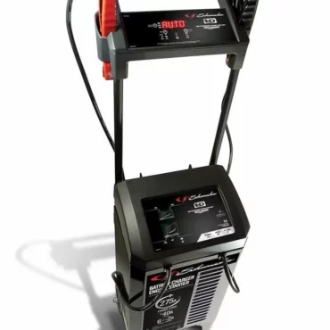 Schumacher Electric 275 amp 6 volt or 12 volt battery charger and engine starter with extra long handle, wheels, and color-coded clamps.