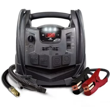 Schumacher Electric 1200 peck amp jump starter, power supply, and air compressor with handle, LED light, dual outlets and color-coded clamps.